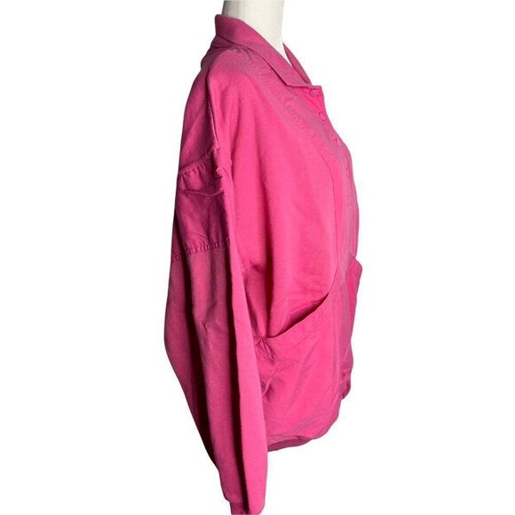 Vintage 80s Snap Front Pullover Sweatshirt L Pink Collared Pockets Ribbed Knit - Picture 5 of 6